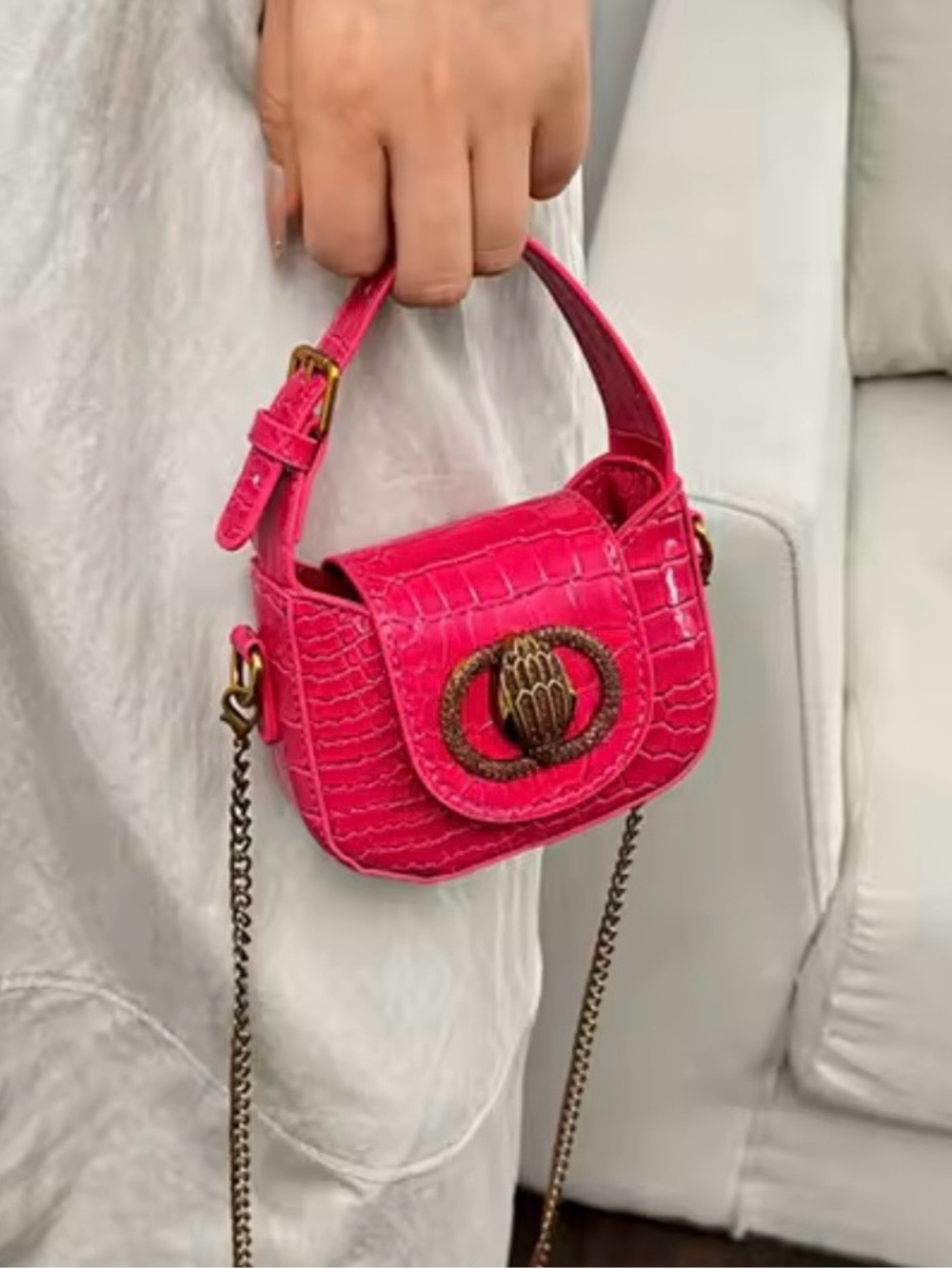 Hot Pink Croc-Embossed Mini Shoulder Bag with Gold Chain 5.5inch by 4inch - Picture 10 of 11